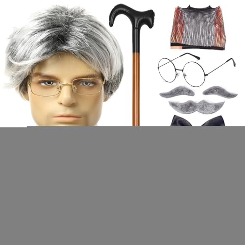 Großvater-Kostüm für Herren, Erwachsenengröße, Opa-Kostüm | Set mit künstlichen Augenbrauenperücken, Mütze, Brille, Herrenperücke, Seniorenperücke für Halloween, Weihnachten, Cosplay von Generic