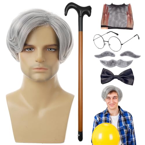 Großvaterperücke und Schnurrbart, Set mit 8 Stück / Set ältere Mann-Perücke - Stockbrille, falsche Augenbrauen, Schnurrbart, Fliege, Mütze, Perücke für Hallowe von Generic