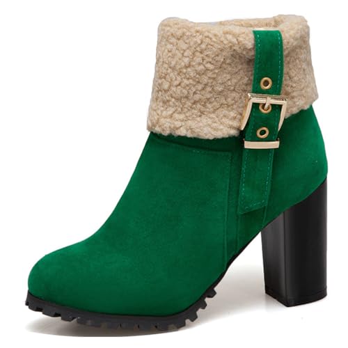 Grün,34 EU,Damen-Stiefeletten aus Wildleder im Retro-Stil, modischer Reißverschluss, klobiger Blockabsatz, runde Zehenpartie, Herbststiefeletten mit Absatz und Gürtelschnalle, Abendschuhe von Generic