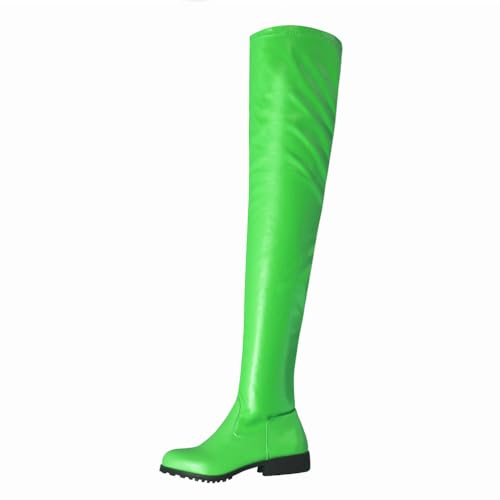 Grün,36 EU,Overknee-Stiefel für Damen, klobiger niedriger Absatz, Overknee-Stiefel aus Leder, PU, dehnbar, runde Zehenpartie, modische Abschlussball-Partyschuhe mit seitlichem Reißverschluss von Generic