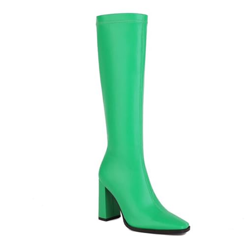 Grün,41 EU,Lange Damenstiefel mit quadratischer Zehenpartie und Blockabsatz, Kniehohe Stiefel mit seitlichem Reißverschluss, PU-Stiefel aus Leder, Herbst-Winter-Abendschuhe von Generic
