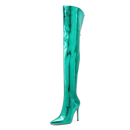 Grün,41 EU,Overknee-Stiefel aus Lackleder und PU für Damen, Spitze Zehenpartie, Reißverschluss hinten, modisch, bequem, Stiletto-Absatz, Overknee-Stiefel für Abschlussballpartys von Generic