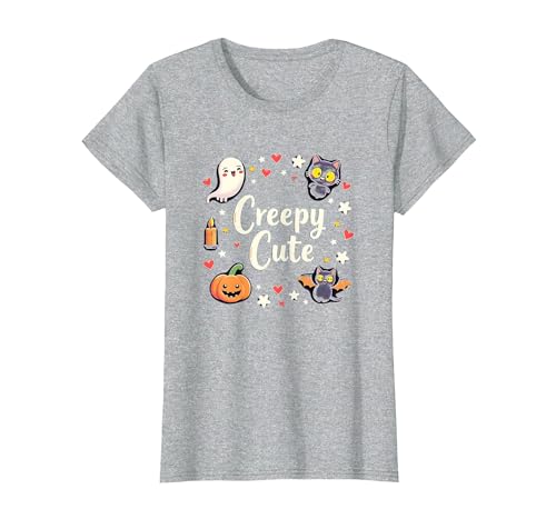 Gruselige süße Halloween Kawaii Geist Katze Kürbis Fledermaus Sterne T-Shirt, Damen, Grau Meliert, S von Generic