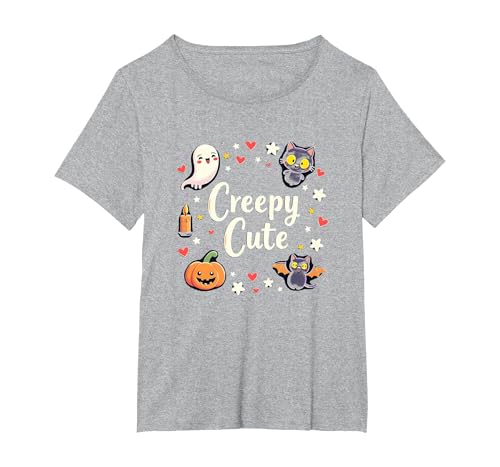 Gruselige süße Halloween Kawaii Geist Katze Kürbis Fledermaus Sterne T-Shirt, Damen Große Größen, Grau Meliert, 4X von Generic