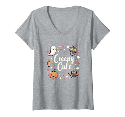 Gruselige süße Halloween Kawaii Geist Katze Kürbis Fledermaus Sterne T-Shirt mit V-Ausschnitt, Damen, Grau Meliert, XL von Generic