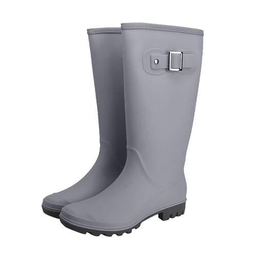 Gummistiefel Damen Hoch, Bequem Regenstiefeletten Wasserdicht Anti-Slip Arbeitsstiefel Leicht Regenschuhe Colorblock Schnalle Boots Weichen Sohlen Einfarbig Stiefel Runde Kopf Flache Schuhe von Generic