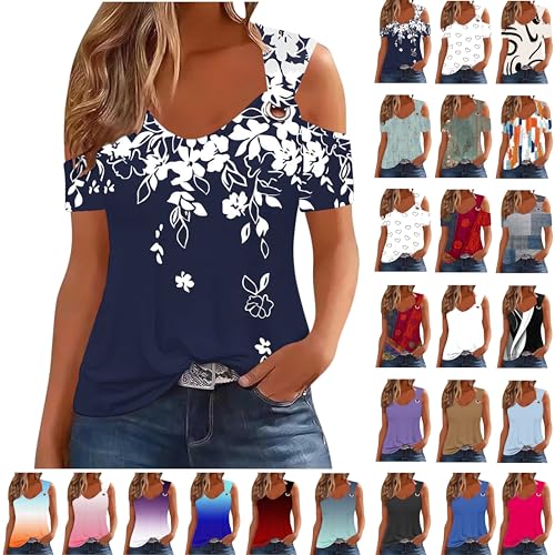 Gutschein Tank Top Damen Oberteile Ärmellos/Kurzarm Tshirt Sexy Schulterfrei Tanktops Sommer Blumendruck Weste V-Ausschnitt Sommermode Lose Comfy Shirt Basic Trägershirt Teenager Mädchen Trägertop von Generic