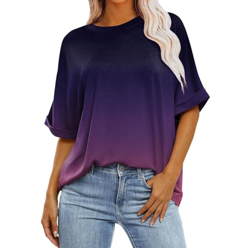 Gym Shirt Damen Rundhalsausschnitt Kurzarmshirt Elegant Funktionsshirt Damen Kurzarm Sommer Tshirt Damen Sommer Baumwolle Moda Clothes Shirt Damen Kurzarm Sport Sport Tshirt Damen(2-Dark Purple,L) von Generic