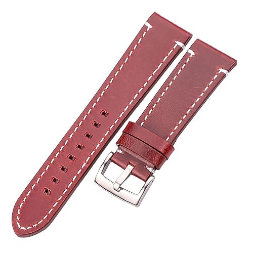 HMFANG Rindsleder Echtes Leder Armband Gürtel 18 20 22 24mm Männer Frauen Dicke Handgemachte Retro Uhr Band Strap Metall Schnallen(Red Brown Silver,22mm) von Generic