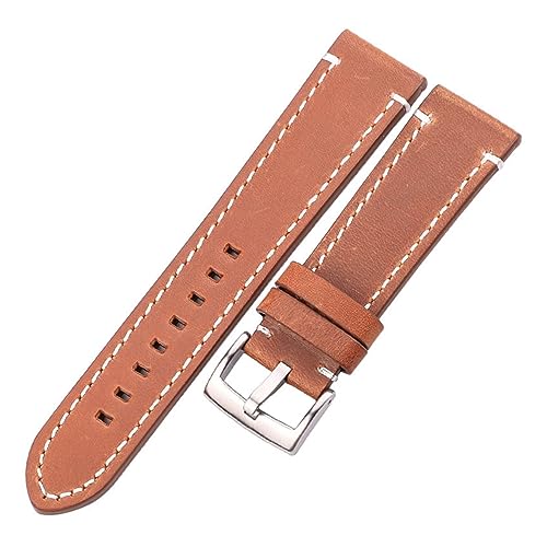 HMFANG Rindsleder Echtes Leder Armband Gürtel 18 20 22 24mm Männer Frauen Dicke Handgemachte Retro Uhr Band Strap Metall Schnallen(Yellow Brown Silver,24mm) von Generic