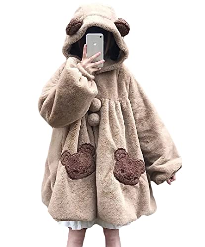 HZSL SHOP Wintermantel Bärenohren Kunstfell Lolita Mantel Oversize Kawaii Jacke, braun, 38 von Generic