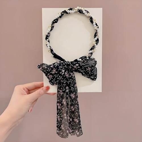 Haarbänder aus Satinstoff, 2025 neues Retro-Stirnband aus Satin mit Kreuzknoten(Black flower) von Generic