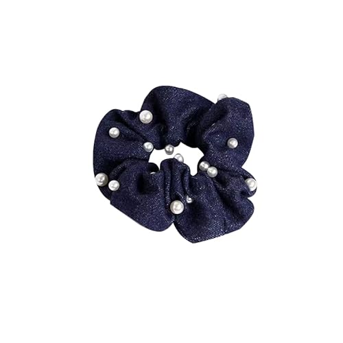 Haargummis aus Denim-Stoff mit Perlen for Frauen, blaue Pferdeschwanzhalter for Mädchen, Haarbänder mit Perlen, Haarschmuck aus Seil(DEEP BLUE) von Generic