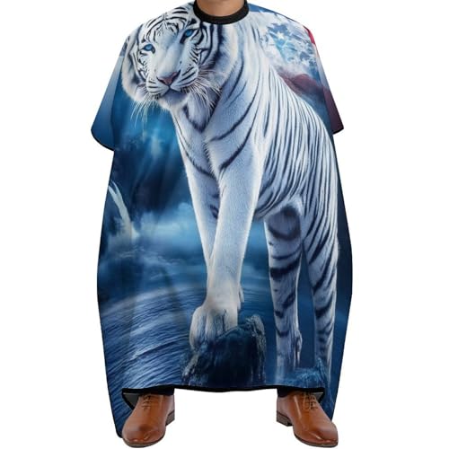 Haarschneidemantel Amerikanische Flagge Weißer Tiger Mond Patriotisch Kunstdruck, Professionelle Haar Schneideumhang Mode Friseur Umhänge für Salon Frauen 140X168cm von Generic