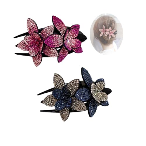 Haarspange mit Strass-Doppelblüte, schicker Haarschmuck für Damen, dekorative Haarspangen (Gray + Rose) von Generic