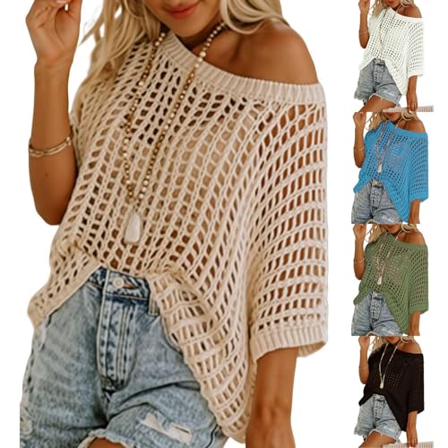 Häkelpullover Damen Schulterfrei Rundhals Strickpullover Oversize Hakelnadel Cover Up Mesh Oberteil Lechit lässig Casual Bademode von Generic
