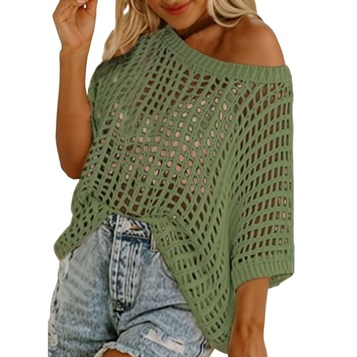 Häkelpullover Damen Schulterfrei Rundhals Strickpullover Oversize Hakelnadel Cover Up Mesh Oberteil Lechit lässig Casual Bademode von Generic