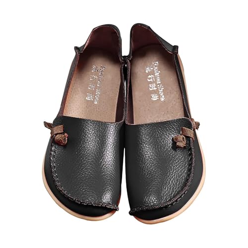 Halbschuhe Damen Schwarz Leder - Bootsschuhe Damen 39 Leder - Mokassin Flache Schuhe Slip-On Mode Lässig Slipper Frauen Leder Bootsschuhen Weibliche Sommer Segeltuchschuhe Sommer Turnschuhe von Generic