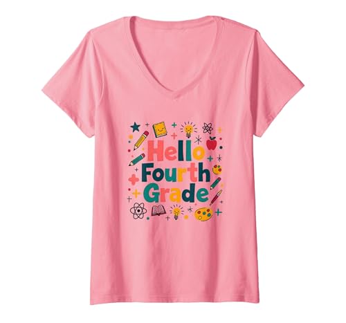 Hallo, Schulbedarf, Lernspaß für Mädchen der vierten Klasse T-Shirt mit V-Ausschnitt, Damen, Rosa, XL von Generic
