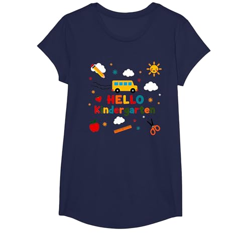 Hallo Kindergarten Jungen Schule Abenteuer Fröhliches Lernen T-Shirt, Girls, Marineblau, XS von Generic