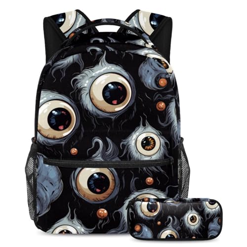 Halloween Augapfel Rucksack und Federmäppchen Set - Perfekt für Studenten, Kinder, Jungen und Mädchen, Mehrfarbig #03, B：29.4x20x40cm P：19x7.5x3.8cm, Daypack Rucksäcke von Generic