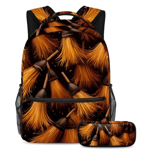 Halloween Besen Gepäck & Reiseausrüstung Schulranzen-Set – Rucksack und Federmäppchen, perfekt für Studenten, Jungen und Mädchen, Mehrfarbig #02, B：29.4x20x40cm P：19x7.5x3.8cm, Daypack Rucksäcke von Generic