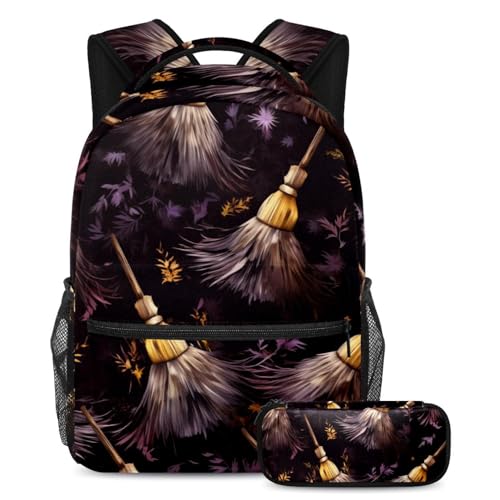 Halloween-Besen-Rucksack und Federmäppchen-Set – perfekt für Studenten, Kinder, Jungen und Mädchen, Mehrfarbig #05, B：29.4x20x40cm P：19x7.5x3.8cm, Daypack Rucksäcke von Generic