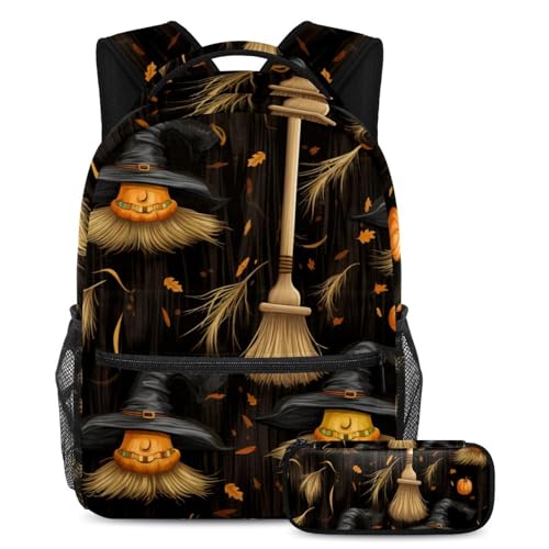 Halloween Besen Schulranzen-Set – Rucksack und Federmäppchen, ideal für Studenten, Kinder, Jungen und Mädchen, Mehrfarbig #01, B：29.4x20x40cm P：19x7.5x3.8cm, Daypack Rucksäcke von Generic