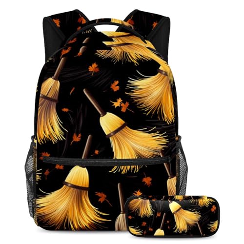 Halloween Besen Schulranzen-Set – Rucksack und Federmäppchen, ideal für Studenten, Kinder, Jungen und Mädchen, Mehrfarbig #03, B：29.4x20x40cm P：19x7.5x3.8cm, Daypack Rucksäcke von Generic