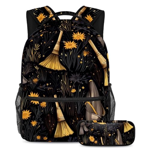 Halloween Besen Schulranzen-Set - Rucksack und Federmäppchen Combo, ideal für Studenten, Jungen und Mädchen, Mehrfarbig #08, B：29.4x20x40cm P：19x7.5x3.8cm, Daypack Rucksäcke von Generic