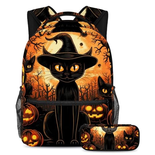Halloween Black Cat Schulranzen-Set – Rucksack und Federmäppchen Combo, ideal für Schüler, Kinder, Jungen, Mädchen, Mehrfarbig #05, B：29.4x20x40cm P：19x7.5x3.8cm, Daypack Rucksäcke von Generic