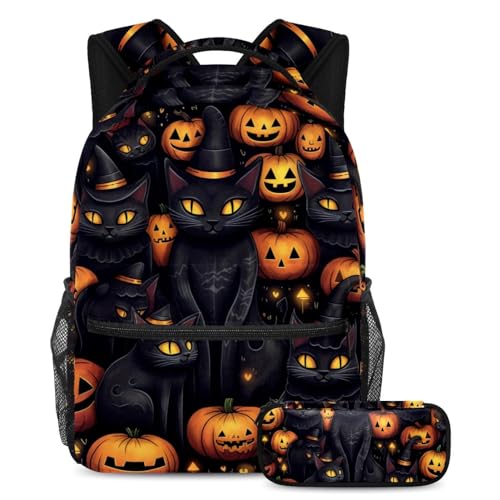 Halloween Black Cat Schulranzen-Set - Rucksack und Federmäppchen Combo, perfekt für Schüler, Kinder, Jungen und Mädchen, Mehrfarbig #03, B：29.4x20x40cm P：19x7.5x3.8cm, Daypack Rucksäcke von Generic