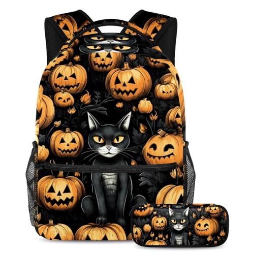 Halloween Black Cat Schulranzen-Set – Rucksack und Federmäppchen Combo für Studenten, Kinder, Jungen und Mädchen, Mehrfarbig #05, B：29.4x20x40cm P：19x7.5x3.8cm, Daypack Rucksäcke von Generic