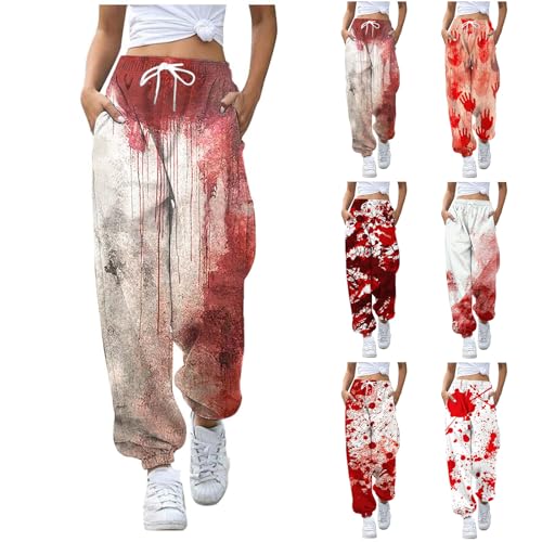 Halloween Blutig Bedruckt Hosen Damen Problem Gelöst Lustig Hässlich Jogginghose mit Tunnelzug Blutspritzer Muster Sporthose Mode Y2K Streetwear Halloween Kostüm für Damen 2025 von Generic