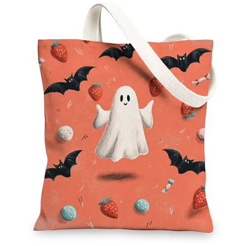 Halloween-Canvas-Tragetaschen, Geisterfledermaus-Erdbeer-Muster, wiederverwendbare Taschen, lustiger, leichter, waschbarer Schultergurt für den Außenbereich, Orange/Abendrot im Zickzackmuster (Sunset von Generic