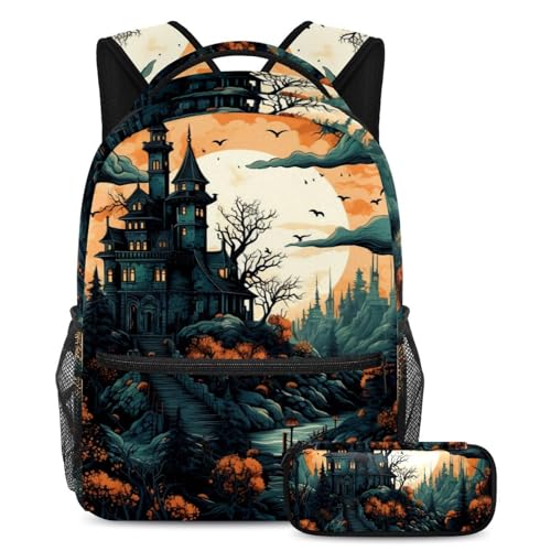 Halloween Castle Schulranzen-Set – Rucksack und Federmäppchen Combo für Schüler, Kinder, Jungen, Mädchen, Mehrfarbig #06, B：29.4x20x40cm P：19x7.5x3.8cm, Daypack Rucksäcke von Generic