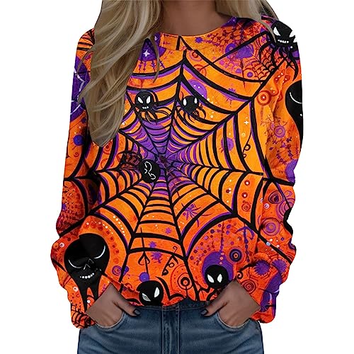 Halloween Damen Hoodie,Pullover Damen Halloween Spinne Drucken Oberteile Halloween Karneval Vintage Kostüme Langarm Oversize Rundhals Sweatshirt Herbst Winter Freizeit Sportshirt ohne Kapuze von Generic