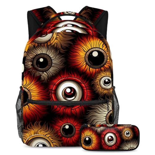 Halloween Eyeball Schulranzen-Set – Rucksack und Federmäppchen, ideal für Studenten, Kinder, Jungen und Mädchen, Mehrfarbig #04, B：29.4x20x40cm P：19x7.5x3.8cm, Daypack Rucksäcke von Generic