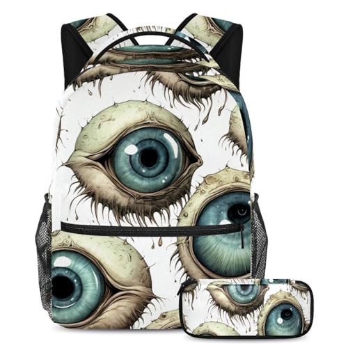 Halloween Eyeball Schulranzen-Set – Rucksack und Federmäppchen, ideal für Studenten, Kinder, Jungen und Mädchen, Mehrfarbig #05, B：29.4x20x40cm P：19x7.5x3.8cm, Daypack Rucksäcke von Generic