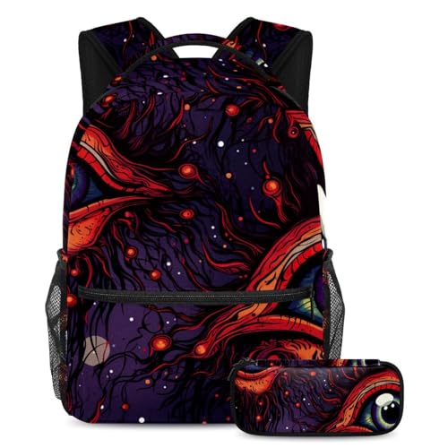 Halloween Eyeball Schulranzen-Set – Rucksack und Federmäppchen, ideal für Studenten, Kinder, Jungen und Mädchen, Mehrfarbig #06, B：29.4x20x40cm P：19x7.5x3.8cm, Daypack Rucksäcke von Generic