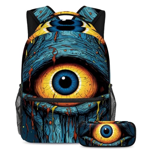 Halloween Eyeball Schulranzen-Set – Rucksack und Federmäppchen, ideal für Studenten, Kinder, Jungen und Mädchen, Mehrfarbig #09, B：29.4x20x40cm P：19x7.5x3.8cm, Daypack Rucksäcke von Generic