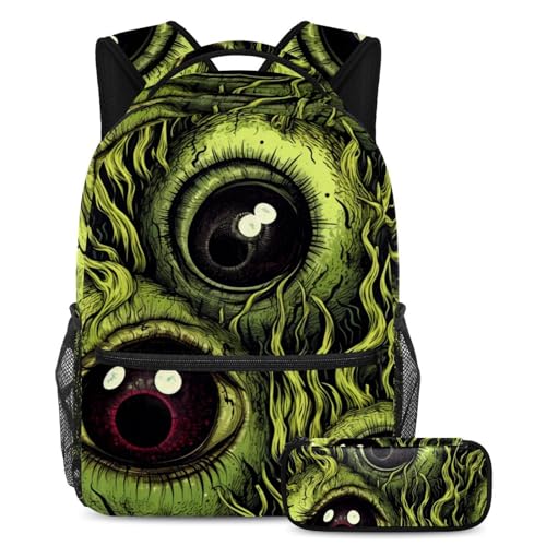 Halloween Eyeball Schulranzen-Set – Rucksack und Federmäppchen Combo, ideal für Schüler, Jungen und Mädchen, Mehrfarbig #06, B：29.4x20x40cm P：19x7.5x3.8cm, Daypack Rucksäcke von Generic