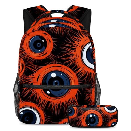 Halloween Eyeball Schulranzen Set - Rucksack und Federmäppchen Combo für Schüler, Kinder, Jungen und Mädchen, Mehrfarbig #02, B：29.4x20x40cm P：19x7.5x3.8cm, Daypack Rucksäcke von Generic