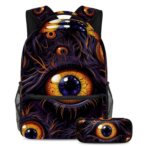 Halloween Eyeball Schulranzen-Set – Rucksack und Federmäppchen Combo für Studenten, Kinder, Jungen und Mädchen, Mehrfarbig #07, B：29.4x20x40cm P：19x7.5x3.8cm, Daypack Rucksäcke von Generic