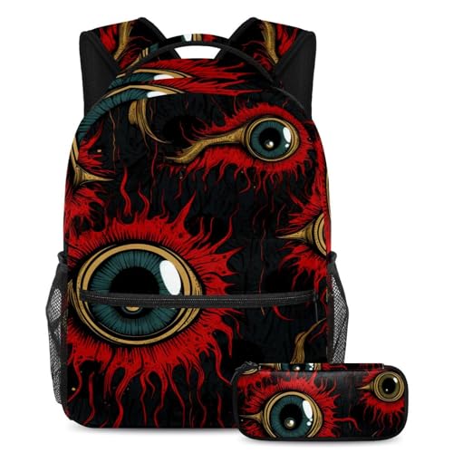 Halloween Eyeball Schulranzen-Set – Rucksack und Federmäppchen Combo für Studenten, Kinder, Jungen und Mädchen, Mehrfarbig #08, B：29.4x20x40cm P：19x7.5x3.8cm, Daypack Rucksäcke von Generic