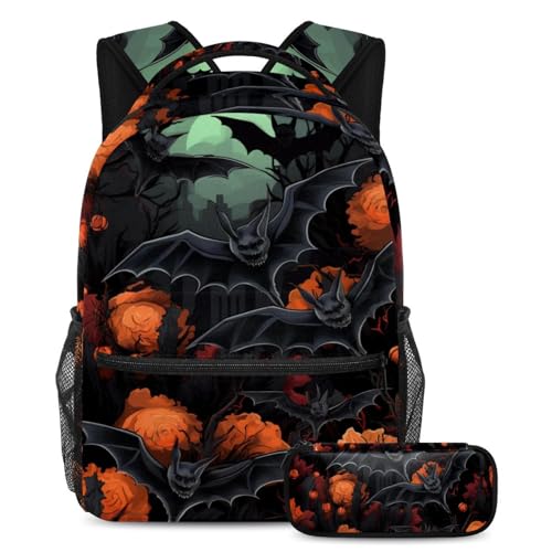 Halloween Fledermaus Schulranzen-Set – Rucksack und Federmäppchen, ideal für Studenten, Kinder, Jungen und Mädchen, Mehrfarbig #01, B：29.4x20x40cm P：19x7.5x3.8cm, Daypack Rucksäcke von Generic