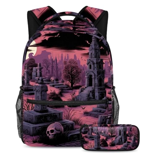 Halloween Friedhof Schulranzen-Set – Rucksack und Federmäppchen, perfekt für Studenten, Kinder, Jungen und Mädchen, Mehrfarbig #06, B：29.4x20x40cm P：19x7.5x3.8cm, Daypack Rucksäcke von Generic