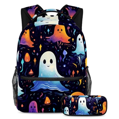 Halloween-Geister-Rucksack und Federmäppchen-Set – perfekt für Studenten, Kinder, Jungen und Mädchen, Mehrfarbig #07, B：29.4x20x40cm P：19x7.5x3.8cm, Daypack Rucksäcke von Generic