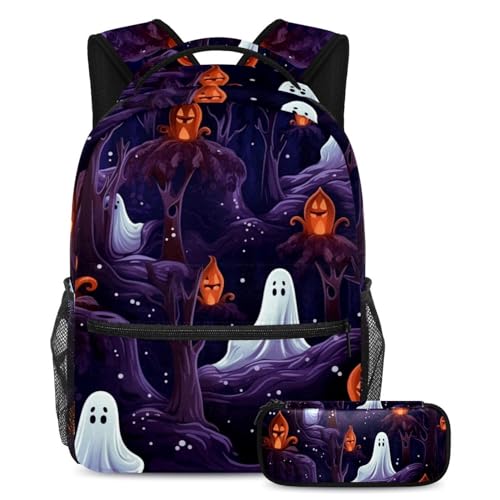 Halloween Ghost Schulranzen-Set – Rucksack und Federmäppchen Combo für Schüler, Jungen und Mädchen, Mehrfarbig #09, B：29.4x20x40cm P：19x7.5x3.8cm, Daypack Rucksäcke von Generic