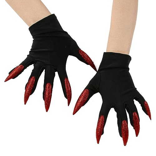 Halloween Handschuhe Lange Rot Fingernägel Hexen Handschuh Kurz Schwarze Requisiten Klaue Kostümhandschuhe mit Krallen Werwolf Teufel Teufel Vampir Cosplay Horror Karneval Party Deko von Generic